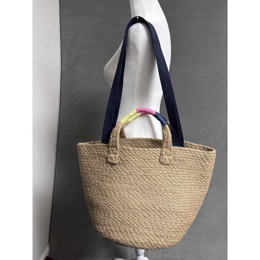GAP Tote Bag Natural Jute Double Navy Straps Handle Beach Boho Summer Nautical - Picture 15 of 16